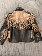 Kids Vintage Shaf Biker Riding Leather Jacket Black Fringe Large 10/12