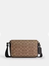 New Coach Jack Small Flap Crossbody Bag Tan Black Signature Canvas CDZ95 NWT