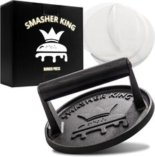 Smash Burger Press Cast Iron with Black Wood Handle   Includes 25 Patty Papers