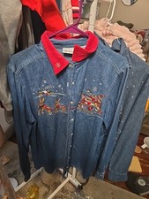 Vintage Bobbie Brooks Women's Medium Denim Embroidered Christmas Holiday Shirt