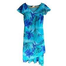 Vintage 90s Women's Knee Length Chiffon Layered V-Neck Dress Floral Blue Size 6