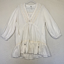 Free People Dress Small Womens White Boho Peasant Ruffle Hem Lace Trim Festive