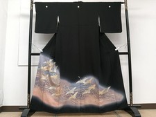 Japanese Kimono Black Tomesode Embroidery Flying Crane Halo Pure Silk
