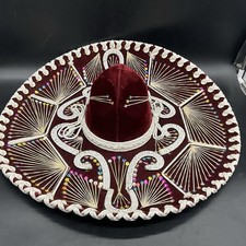 Vtg Pigalle XXXXX Mexican Mariachi Velvet Sombrero Parade Hat Burgundy 23  W