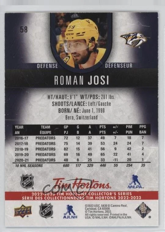 2022-23 Upper Deck Tim Hortons Collector's Series Roman Josi #58 - Image 2 of 2