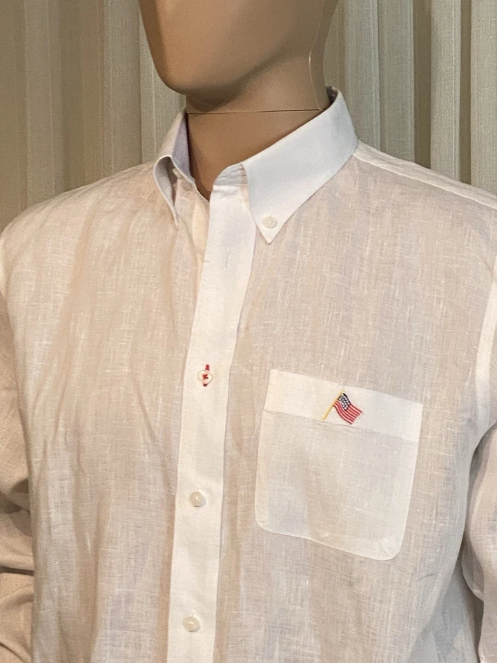 Camisa Náufrago Manga Larga Con Botones Blanco Lino Bandera Americana Bolsillo Mediana Foto 3 de 4