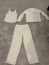 Live 2 Lounge Beige Knit 3-Piece Outfit Set Tank Cardigan Pants Women's S