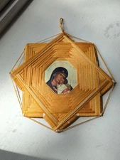 Star Shaped Frame Ornament Handmade String Thread Art Religious Jesus Mary 7"