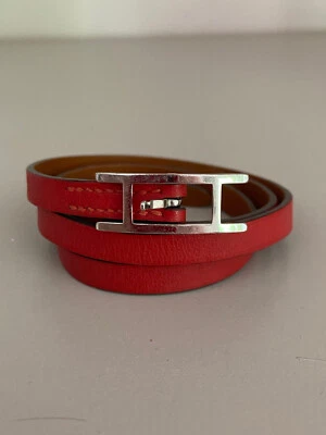 Bracelet Hermès en cuir rouge et beige / Modèle Behapi 4 tours / Taille S - Photo 1/4