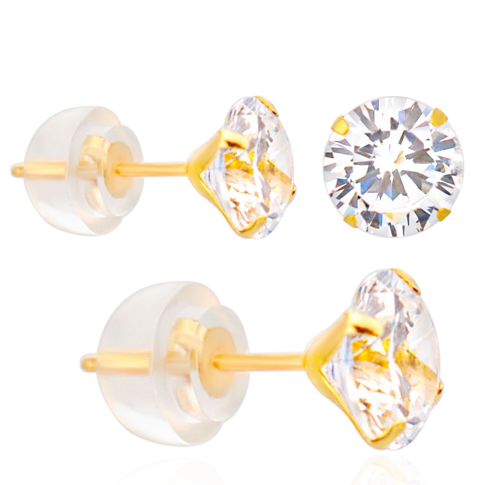 14K Yellow Gold Round Solitaire Cubic Zirconia Silicone Back Stamping Earrings
