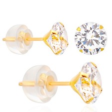 14K Yellow Gold Round Solitaire Cubic Zirconia Silicone Back Stamping Earrings