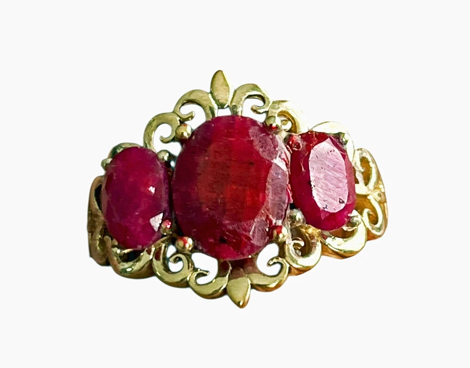 Technibond Triple Red Ruby Sterling Silver Gold Plated Filigree Band Ring Sz 7 - Image 4 of 4