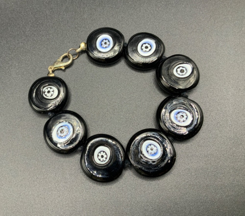 Evil Eye All Seeing Eye Ojo Large Flat Glass Bead Bracelet Black White Blue Gift