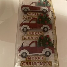 NEW 3 Red Trucks with Merry Christmas And Christmas Tree ornaments 5 In Wide