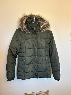 St. John's Bay Women's Olive Green Puffer Jacket Hooded Size Small