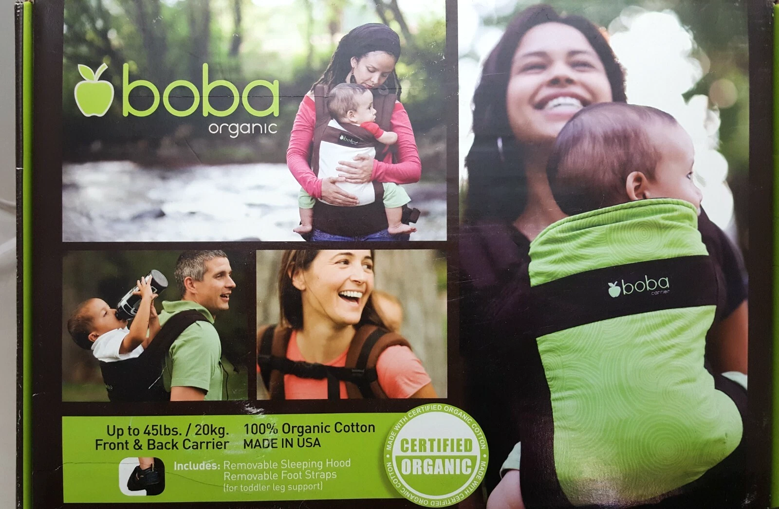 Boba Organic Baby Carrier Front & Back Removable Sleep Hood Infant Toddler