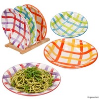 6X Picknick Suppenteller Ø21Cm Steingut Bunt Kariert Tiefe Teller Pasta Salat