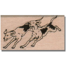 NEW Wood Rubber Stamp, 2 Happy Dogs Running, Fun Cute Animal Pup Spot Face Pet
