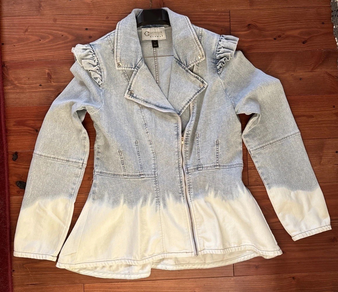 C Wonder by Christian Siriano Denim Peplum Moto Jacket Sz Large Fadeout Wash