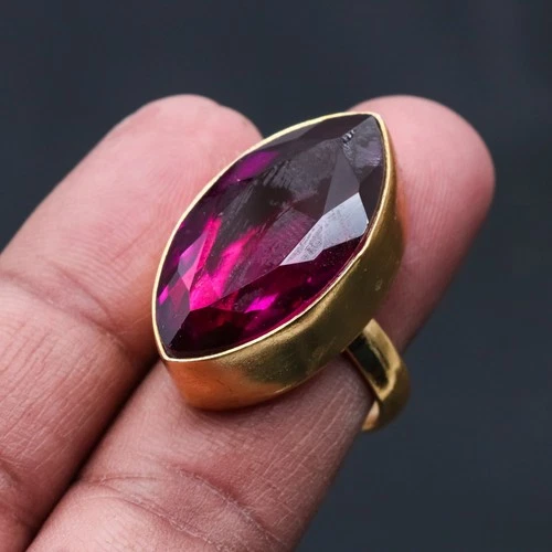 Gold Plated Rubellite Tourmaline Gemstone 925 Silver Handmade Ring Size 9