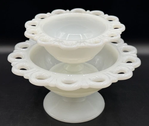 Vintage 5'' & 7'' Lace Edge White Milk Glass Compote Pedestal Candy Dishes