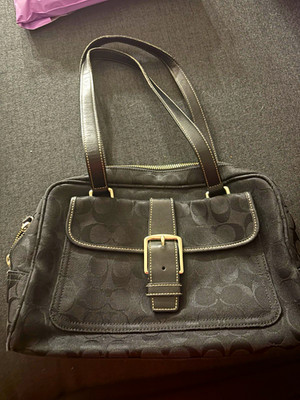 Coach Black Monogram Satchel Top Handle Zip Closure Buckle Accent Silver