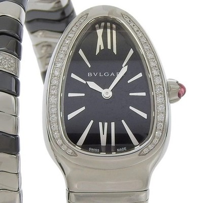 Bvlgari Serpenti Swiss Quartz Diamond Bezel Black Dial SS Silver/Black