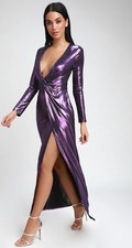 NWT Lulus Med Supernova Purple Twist-Front Long Sleeve Maxi Dress Metallic NYE