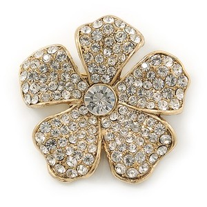 Authentic Gold Plated Clear Diamante 'Flower' Brooch - 45mm Across