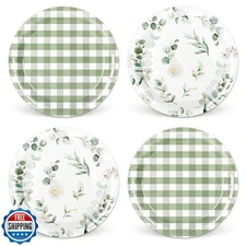 Whaline 40 Pcs Sage Green Plaid Paper Plate Eucalyptus Leaves Dis