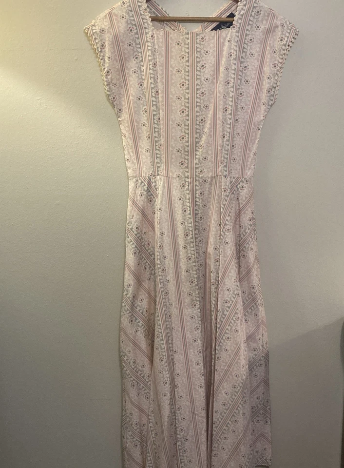 VTG 70s/80s Button Up Ralph Lauren Cotton Maxi Dress Off White Pink Floral Sz 8 - Image 2 of 4