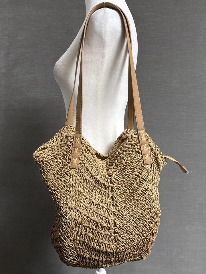 Straw Woven Tote Bag Tan Brown Shoulder Purse Summer Beach Boho Bag Sisal Travel - Image 2 of 4