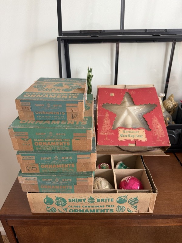 Vintage Shiny Brite Glass Christmas Ornaments Lot w/ Original Boxes USA 40s/50s