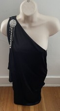 BCBG MaxAzria Mini Dress One Shoulder Party Cocktail Black Small Crystal Brooch