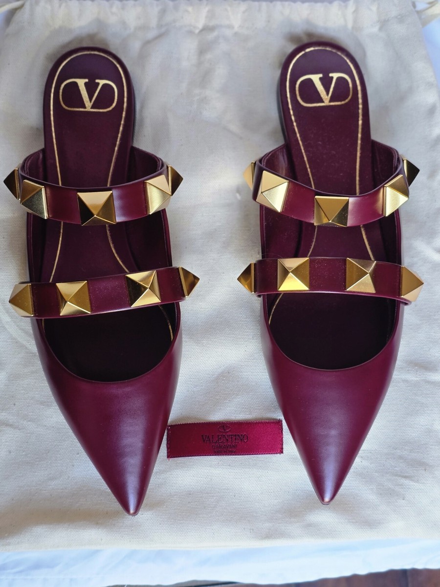 Burgundy Studded Flat Mules Valentino Burgundy Leather Roman Stud
