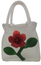 Art Glass Purse Vase Handbag Shape Frosted White w/ 3D Red Flower-See Pictures