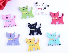 Pkg of 10 COLORED CATS 2-hole Wooden Buttons 1" (25mm) Scrapbook Craft (1496)