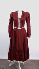 Vtg Women's 70s Maroon Gunne Sax Prairie Dress 1970s Midi Gown XS/S Pearl Trim