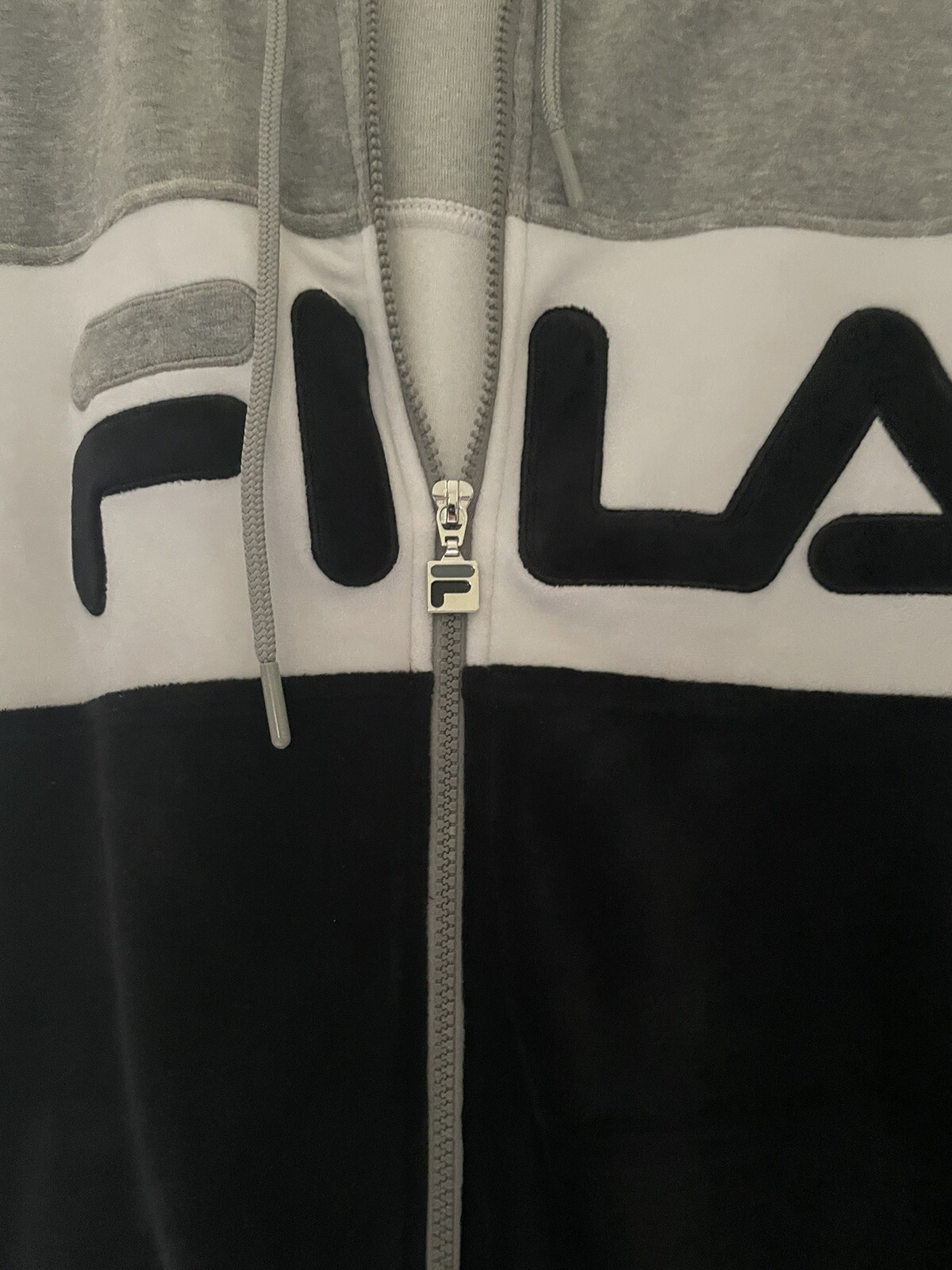 Felpa con cappuccio Fila Velour nera grigio bianca righe full zip pista giacca pile XL