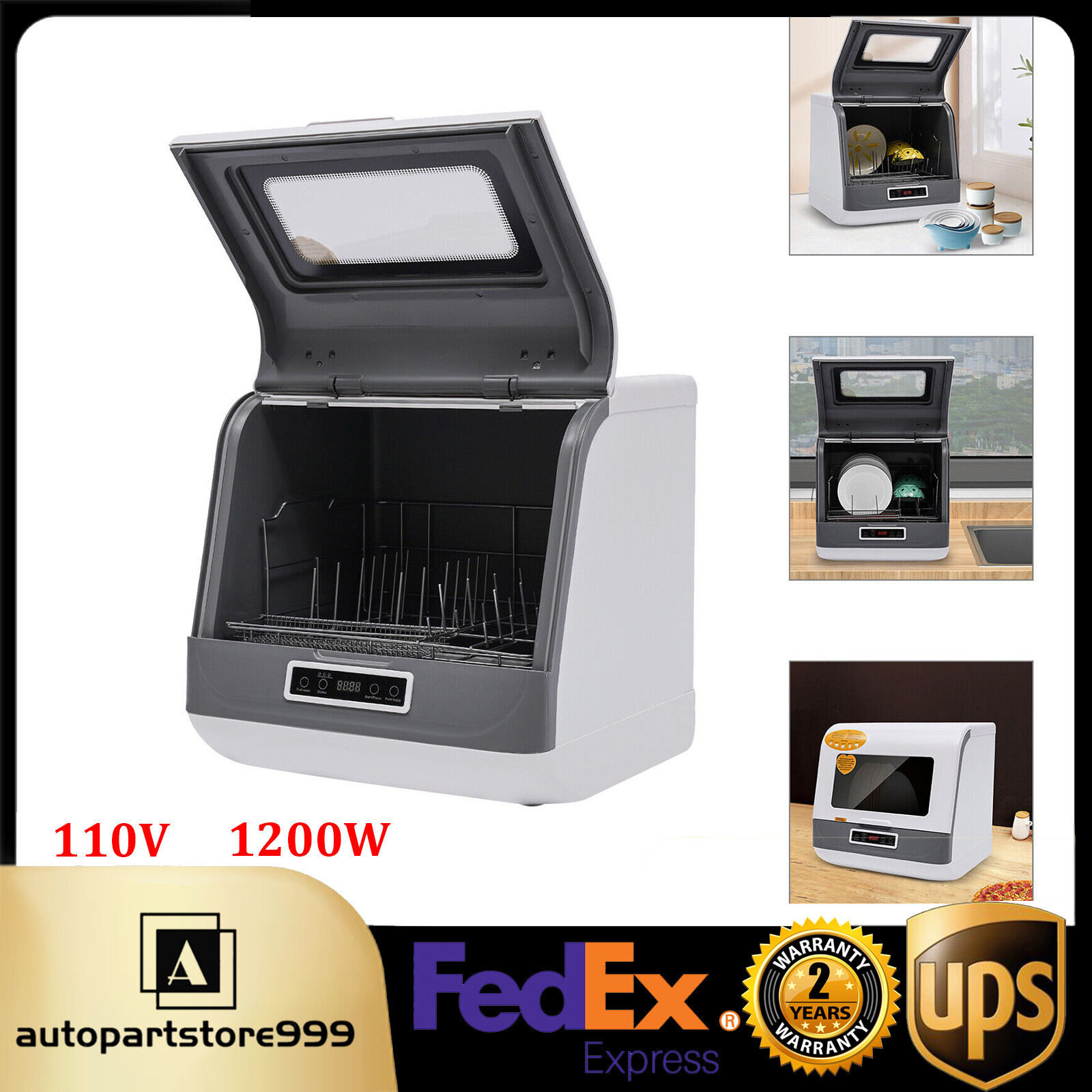 Large 1200W Portable Countertop Dishwasher with 3 Wash Programs 110V