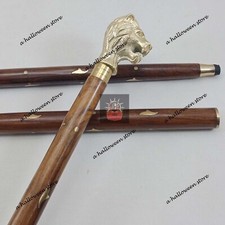 Lion Head Handle Wooden Walking Brass Solid Designer Stick Cane Vintage Style