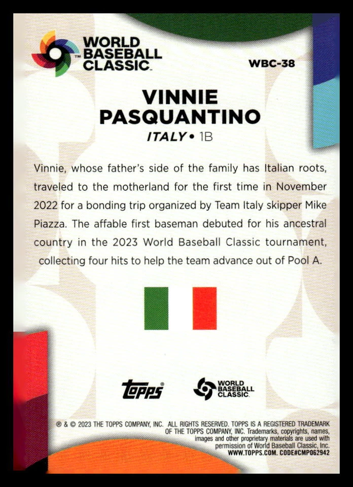 2023 Topps Series 2 Vinnie Pasquantino World Baseball Classic WBC-38 Italy - Image 2 of 2