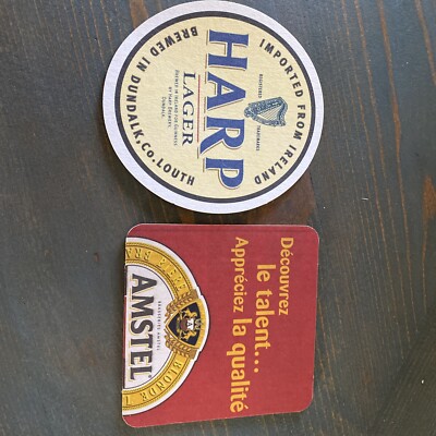 Lot Of  2 Vintage  Harp Lager Beer  Amstel Logo Oval Paper Cardboard Coaster