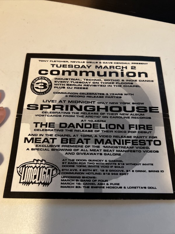 VINTAGE Rare 90s NYC Club Flyer COMMUNION LIMELIGHT BEAT MEAT MANIFESTO NEW YORK