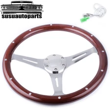 15 Inch 380mm Billet Steering Wheel Dark Wood Riveted Grip Chrome Spoke 6 Hole