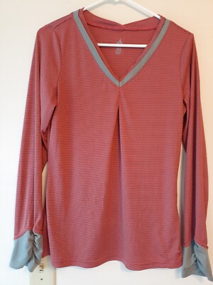 Isis Womens Athletic Cycling Striped Shirt Top Coral Gray Brown Key Pocket Sale