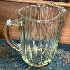 VTG Water Pitcher Heavy Ribbed Clear Green Hue Glass w Ice Lip Restaurant Ware