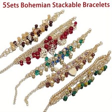 Set of 5 Bohemian Stacked Bead Rose Women's Bracelet Heart Charm Bangle Set