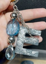 Silver  Blue Resin Beaded Initial E Keychain Handmade