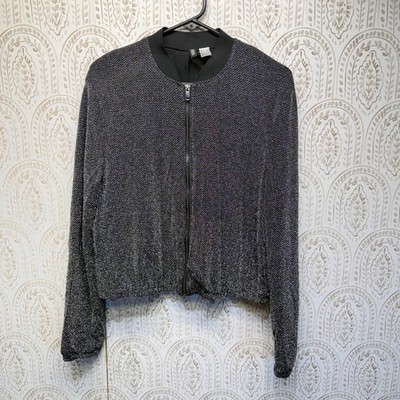 H&M Divided Bomber Jacket Women Size 10 Black Silver Metallic Shimmer Full Zip